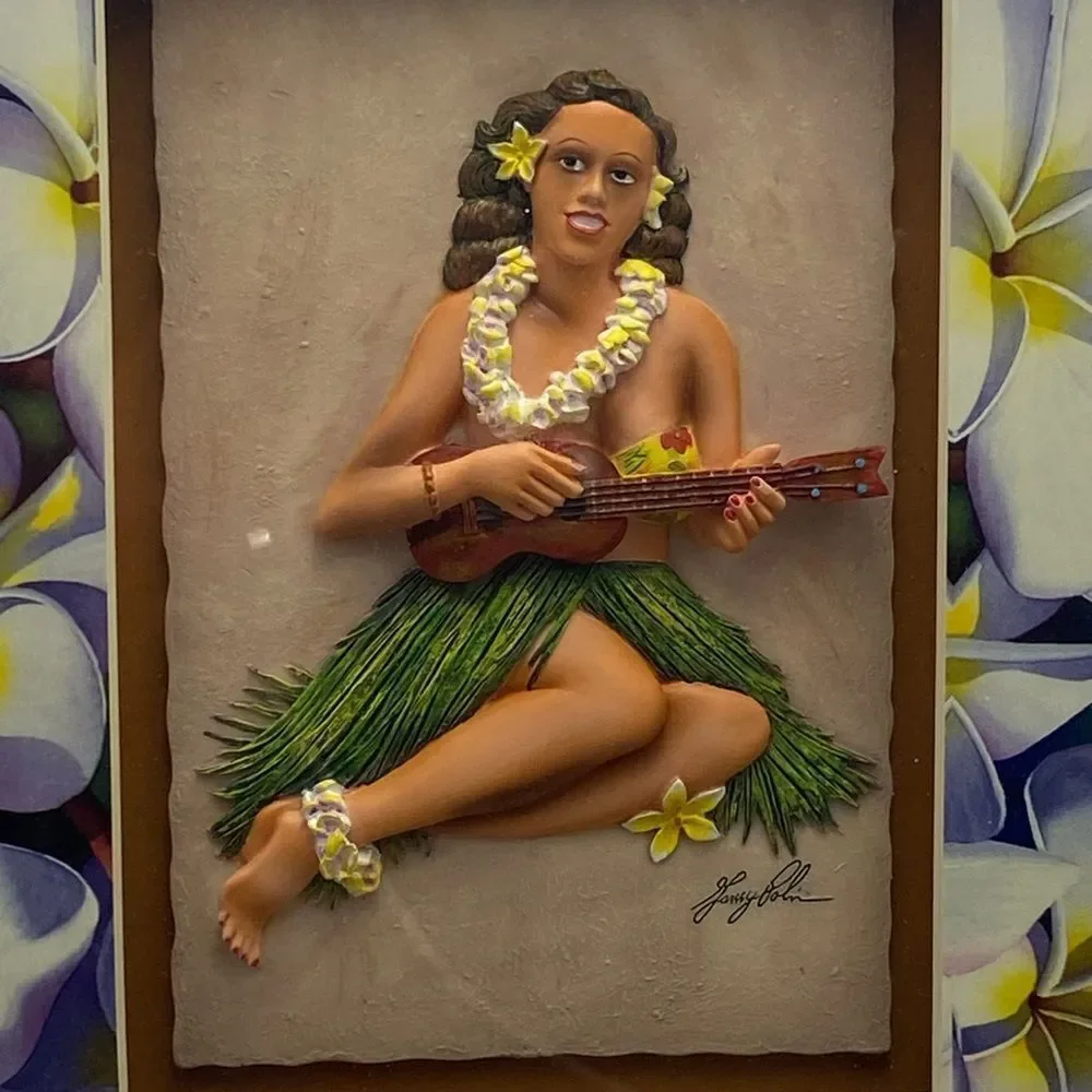 Garry Palm Hawaiian Hula Girl 3D Wall Art Framed Tropical Decor Ukulele Flowers